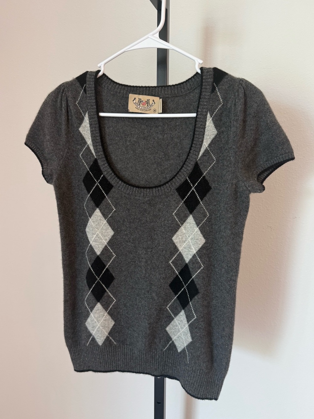 Juicy Couture Gray Argyle Y2K 100% Cashmere Sweater Size M